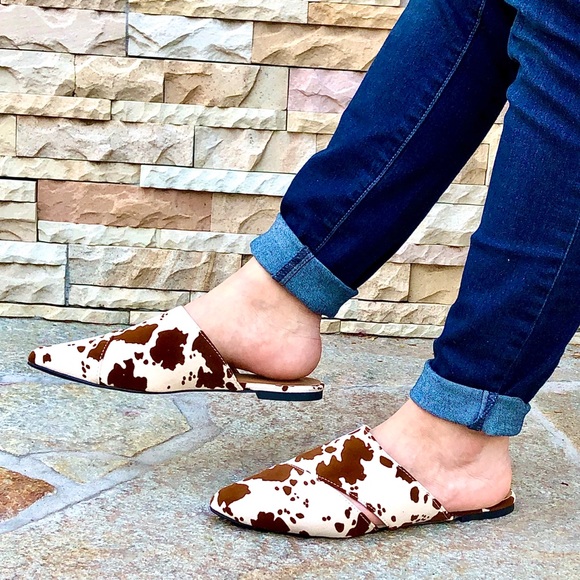 Cow Print Vegan Suede Mule Flats - Picture 5 of 12